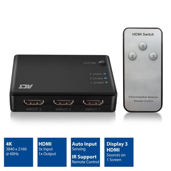 3 портов HDMI суич ACT , 4K@60Hz, USB, Дистанционно, Черен 2