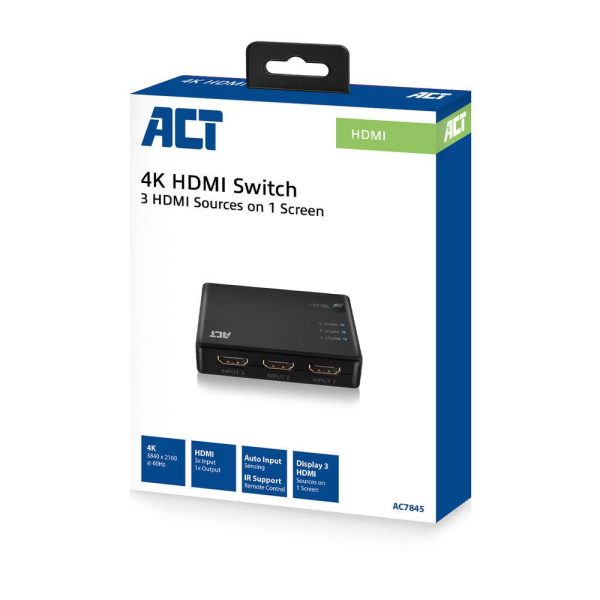 3 портов HDMI суич ACT , 4K@60Hz, USB, Дистанционно, Черен 5