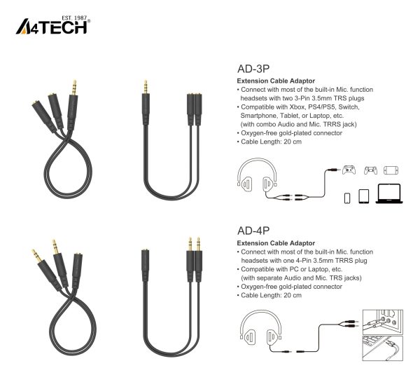 А4Tech Адаптер 3.5 mm жак женско - 2 x 3.5 mm жак мъжко 2