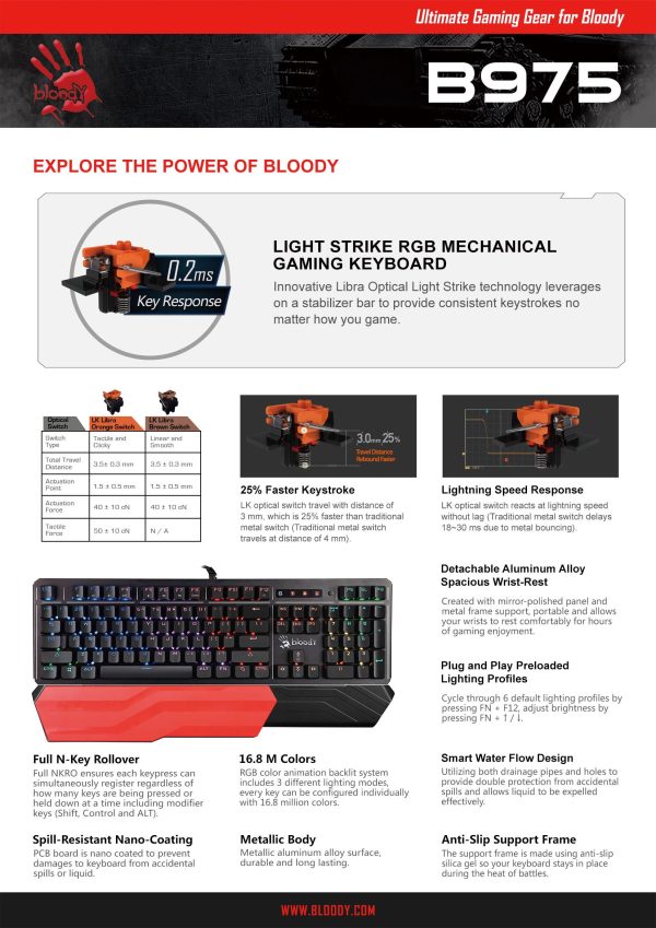 A4tech Bloody B975 Геймърска механична клавиатура, Brown switch 5