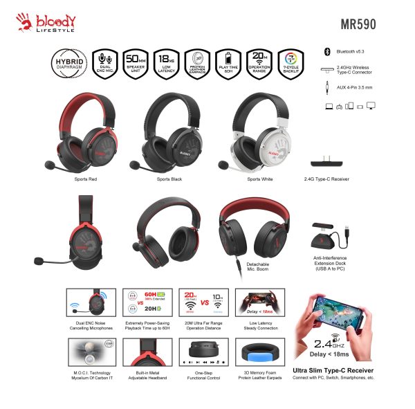 A4tech Bloody МR-590 Геймърски безжични слушалки с микрофон,Bluetooth 3.5мм жак, червен 3