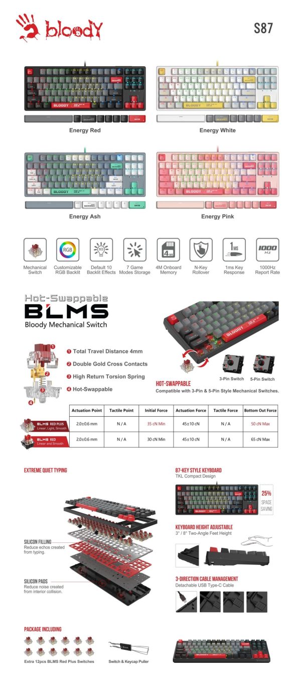 А4tech Геймърска механична  клавиатура Bloody Energy Pink S87 BLMS TKL RGB Backlit red switch , USB 4