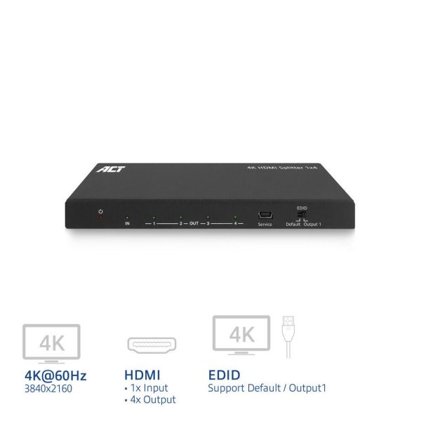ACT HDMI Сплитер AC7832 4К HDMI сплитер, 1 вход.4 HDMI изхода 2
