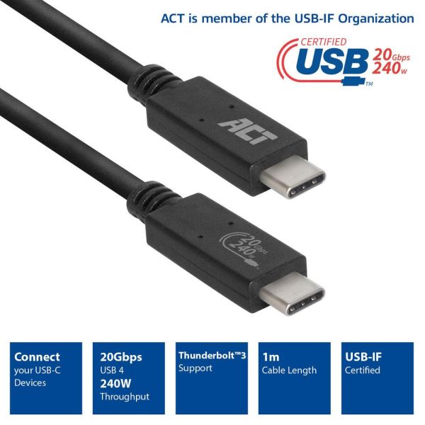 ACT Кабел USB-C - USB-C, 1 м / USB4, 20Gbps, 240W, сертифициран USB-IF 2