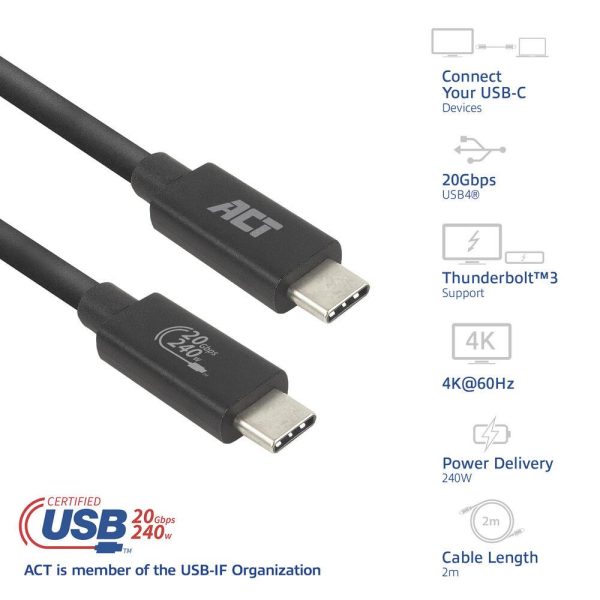 ACT Кабел USB-C - USB-C, 2 м / USB4, 20Gbps, 240W, сертифициран USB-IF 2