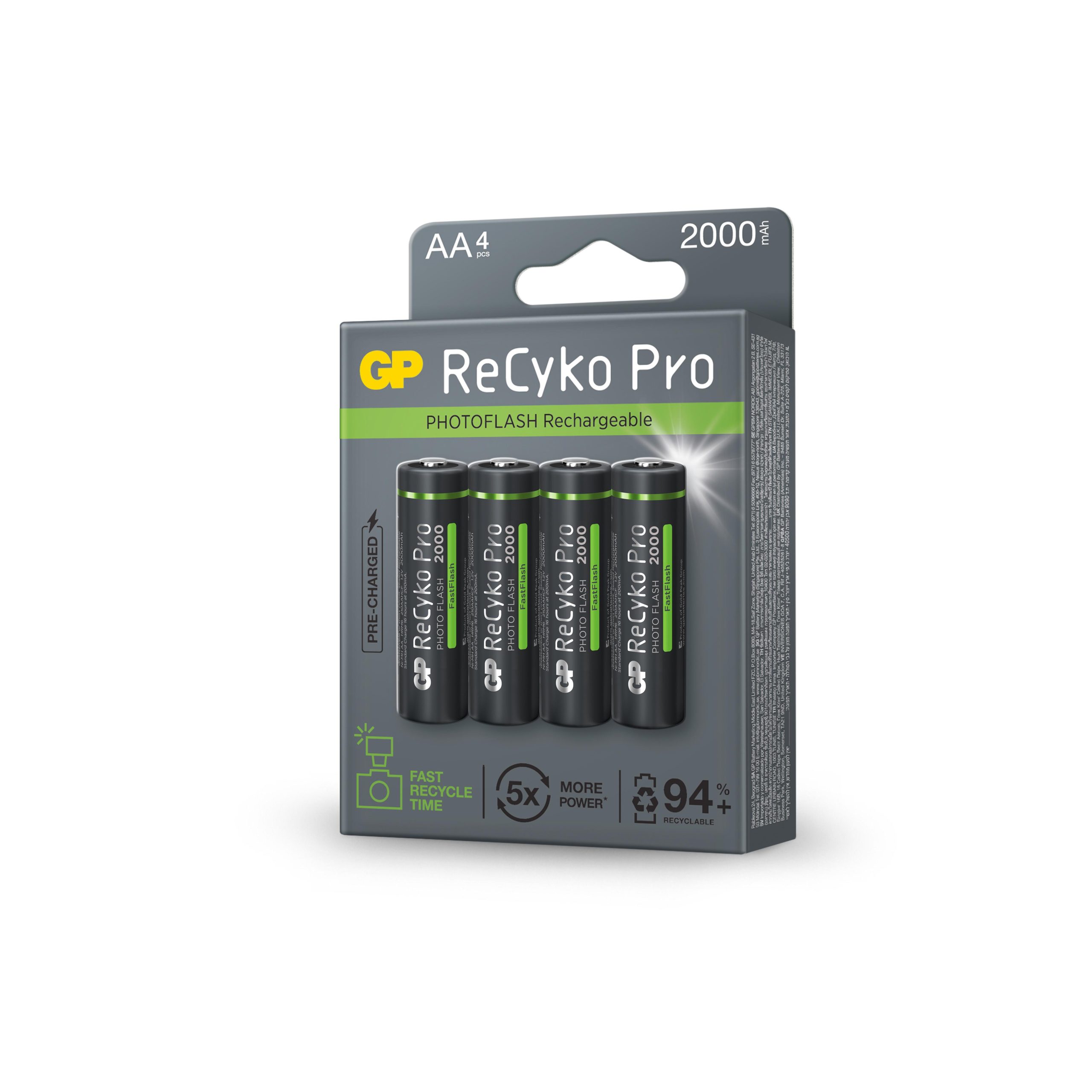 Акумулаторна Батерия GP R6 AA 2000mAh RECYKO + PRO Fast Flash GP-BR-210AAHCF-APCEB4 NiMH /до 500 цикъла/ 4 бр. в опаковка GP 2