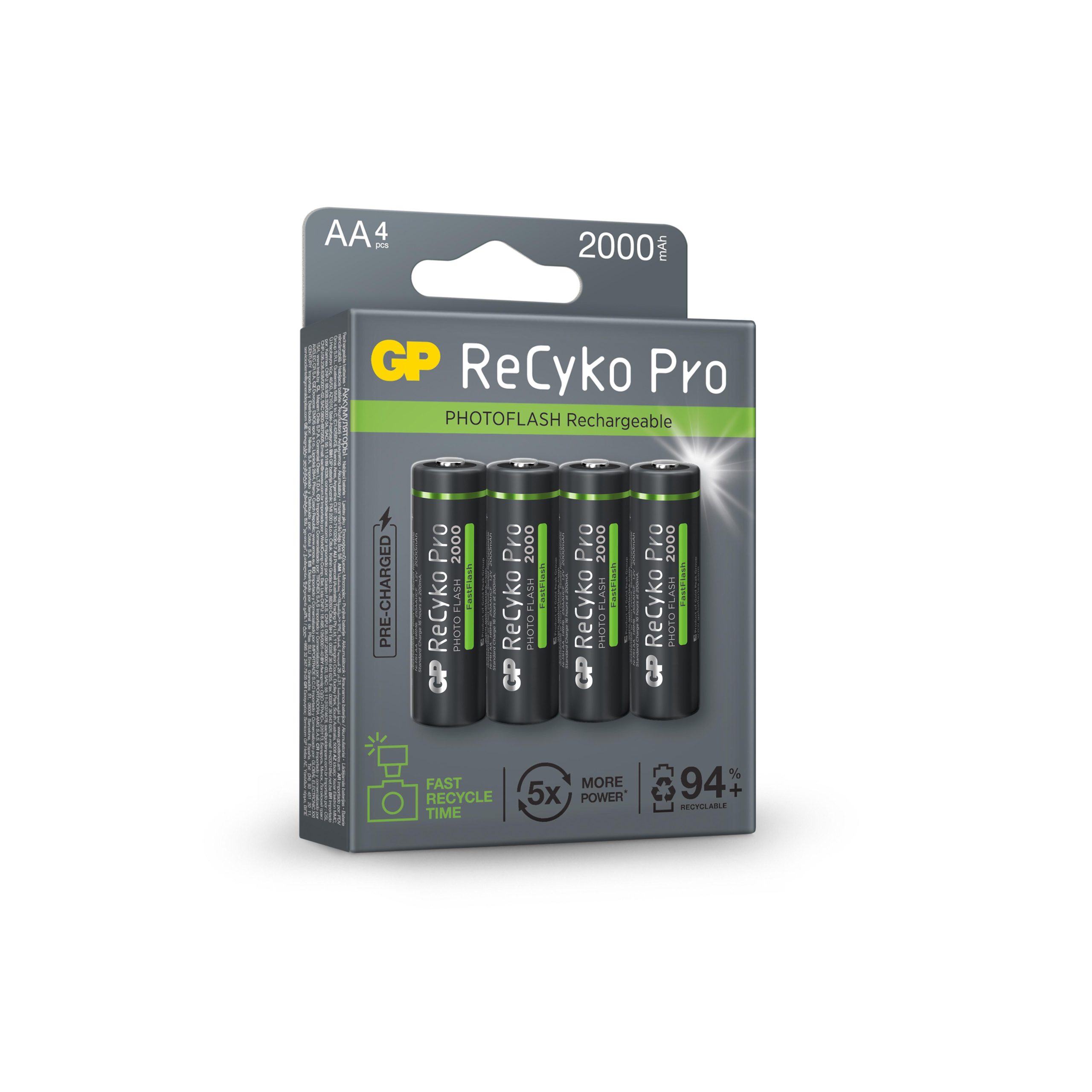 Акумулаторна Батерия GP R6 AA 2000mAh RECYKO + PRO Fast Flash GP-BR-210AAHCF-APCEB4 NiMH /до 500 цикъла/ 4 бр. в опаковка GP 3