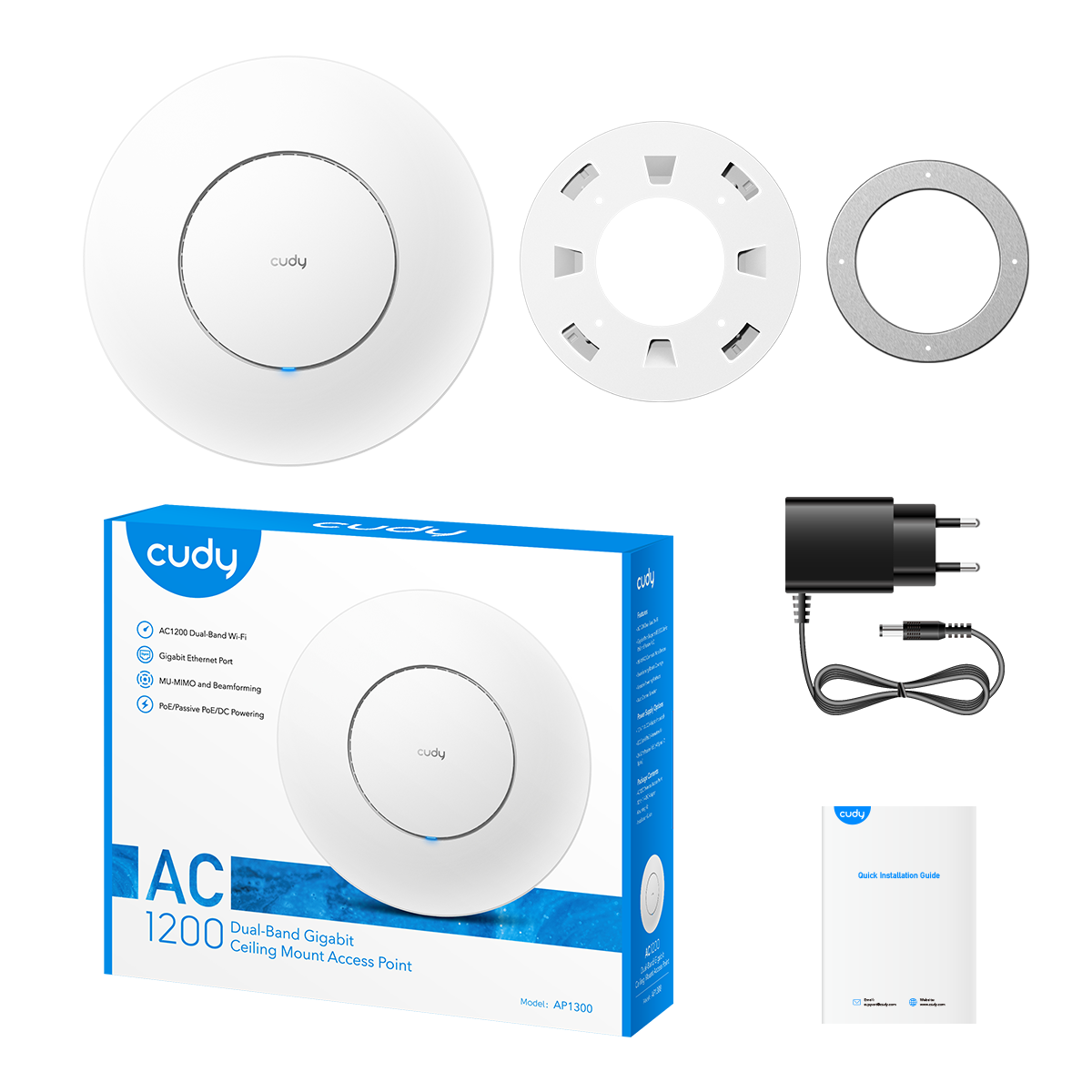 Безжичен Access Point Cudy AP1300-P, AC1200, 2.4/5 GHz, 300 - 867 Mbps, PoE адаптер 4