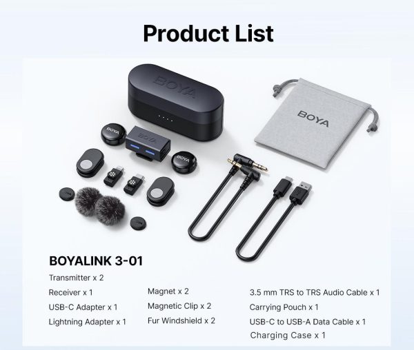 Безжична система микрофони BOYA BOYALINK 3-01 with lightning+USB-C +3.5mm TRS plug 21