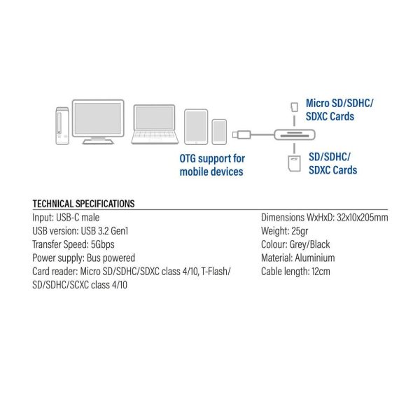 Четец за SD / micro SD карти ACT AC7056, SDXC, USB-C 4