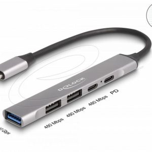 Delock Хъб USB-C, 4 порта, 1 x USB-A 10 Gbps, 2 x USB-A, 1 x USB-C, USB-C PD 95 W 1