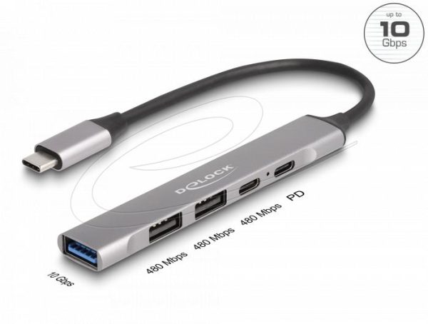 Delock Хъб USB-C, 4 порта, 1 x USB-A 10 Gbps, 2 x USB-A, 1 x USB-C, USB-C PD 95 W 1
