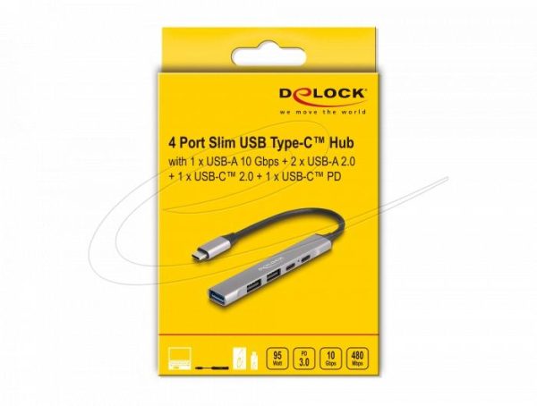 Delock Хъб USB-C, 4 порта, 1 x USB-A 10 Gbps, 2 x USB-A, 1 x USB-C, USB-C PD 95 W 3