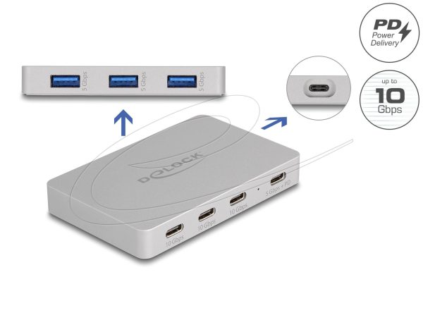 Delock Хъб USB-C, 7 порта, 3x USB-A 5 Gbps,  3x USB-C, 1xUSB-C PD 85 W 2