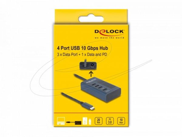 Delock USB Хъб, 4 порта, 10 Gbps, 3 x Data USB-C, 1 x PD 20W 5