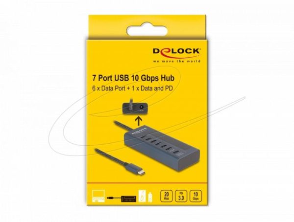 Delock USB Хъб, 7 порта, 10 Gbps, 6 x Data USB-C, 1 x PD 20W 5