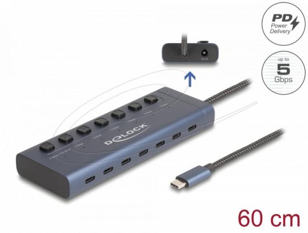 Delock USB Хъб, 7 x USB Type-C, 5 Gbps, 6 x Data USB-C, 1 x PD 20W 2