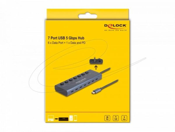 Delock USB Хъб, 7 x USB Type-C, 5 Gbps, 6 x Data USB-C, 1 x PD 20W 5