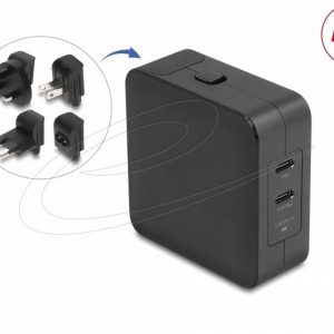 Delock Зарядно устройство GaN, 2 x USB-C, PD 65 W, адаптер за EU / US / UK 1