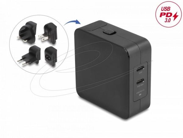 Delock Зарядно устройство GaN, 2 x USB-C, PD 65 W, адаптер за EU / US / UK 1