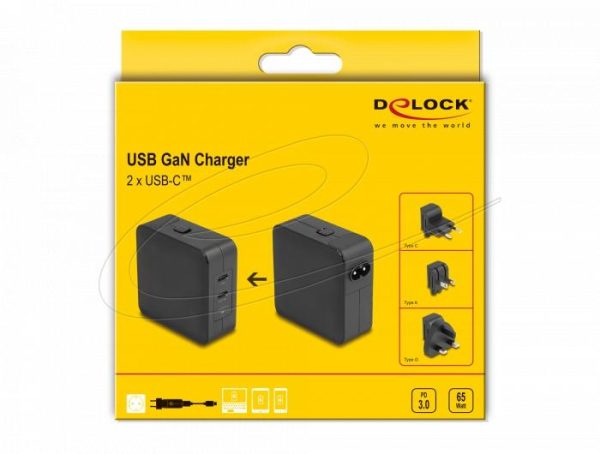 Delock Зарядно устройство GaN, 2 x USB-C, PD 65 W, адаптер за EU / US / UK 5