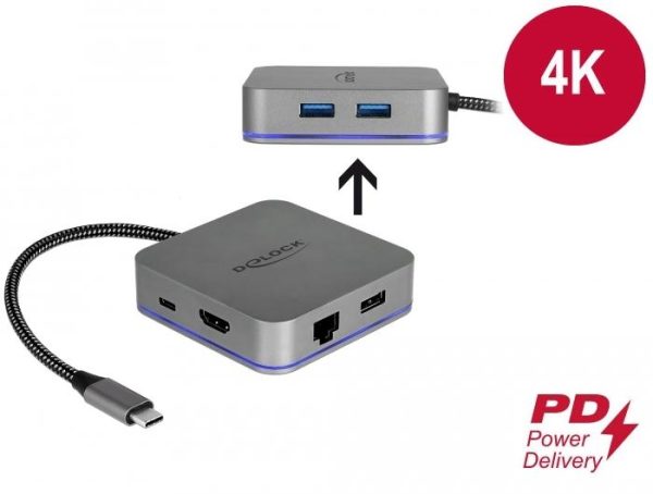 Докинг станция Delock, USB-A, USB-C, HDMI, Gigabit LAN, PD, Подсветка, Сива 4