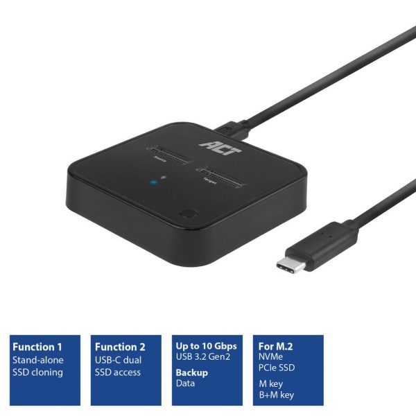 Двойна SSD докинг станция, ACT M.2 NVMe/PCIe  за клониране, USB-C 3.2 Gen2, 10 Gbps 2
