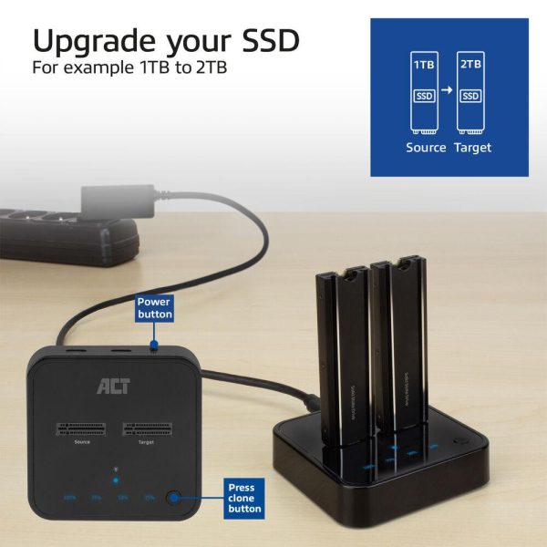 Двойна SSD докинг станция, ACT M.2 NVMe/PCIe  за клониране, USB-C 3.2 Gen2, 10 Gbps 5