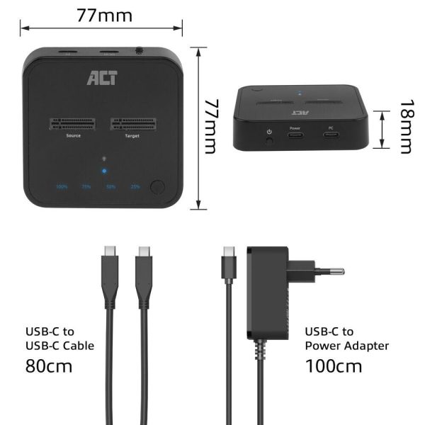 Двойна SSD докинг станция, ACT M.2 NVMe/PCIe  за клониране, USB-C 3.2 Gen2, 10 Gbps 8