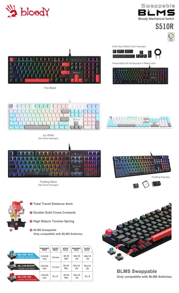 Геймърска механична клавиатура A4tech Bloody S510R, Brown Switch 4
