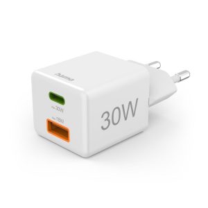 HAMA Бързо мини Gan зарядно, 30 W, 1x USB-C, 1x USB-A, PD, бял 1