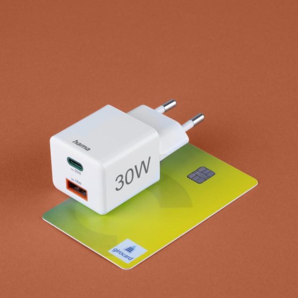 HAMA Бързо мини Gan зарядно, 30 W, 1x USB-C, 1x USB-A, PD, бял 10
