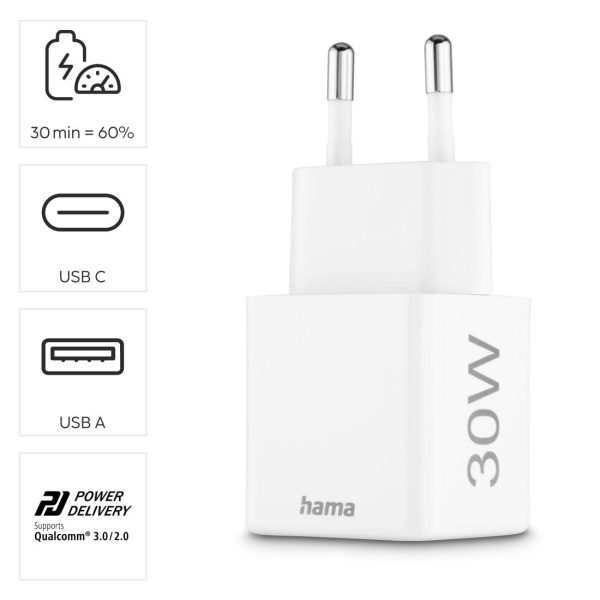 HAMA Бързо мини Gan зарядно, 30 W, 1x USB-C, 1x USB-A, PD, бял 17