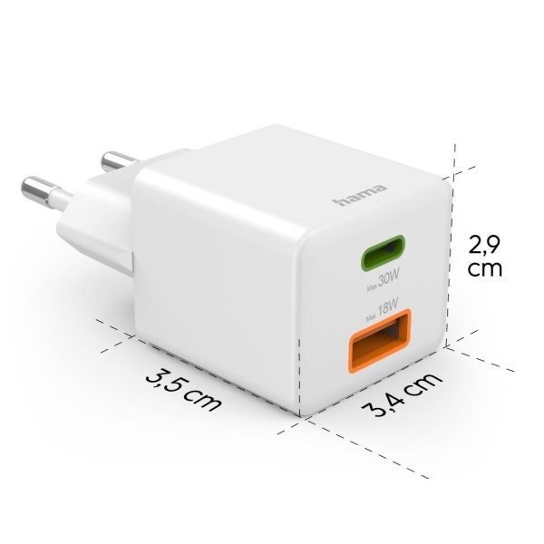 HAMA Бързо мини Gan зарядно, 30 W, 1x USB-C, 1x USB-A, PD, бял 18