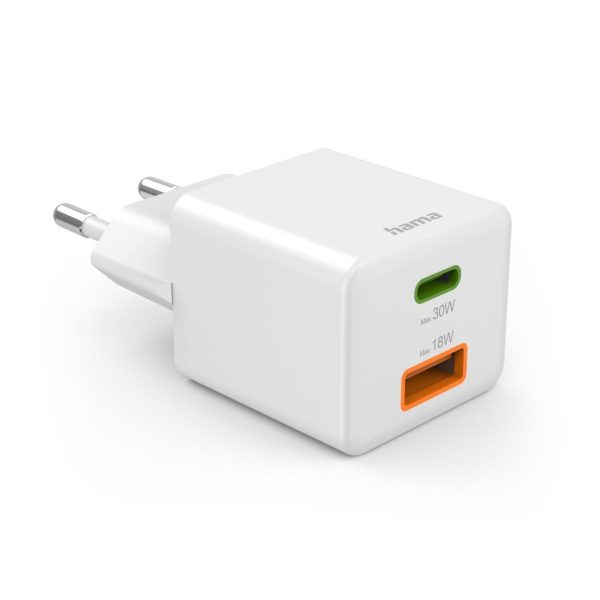 HAMA Бързо мини Gan зарядно, 30 W, 1x USB-C, 1x USB-A, PD, бял 2