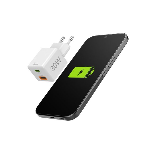 HAMA Бързо мини Gan зарядно, 30 W, 1x USB-C, 1x USB-A, PD, бял 9