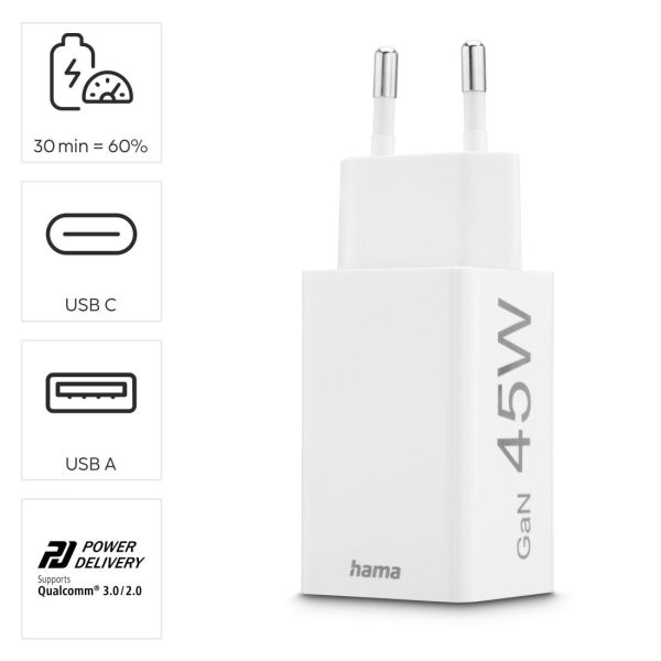 HAMA Бързо мини зарядно, 45 W, 1x USB-C - 1x USB-A, PD, бяло 16