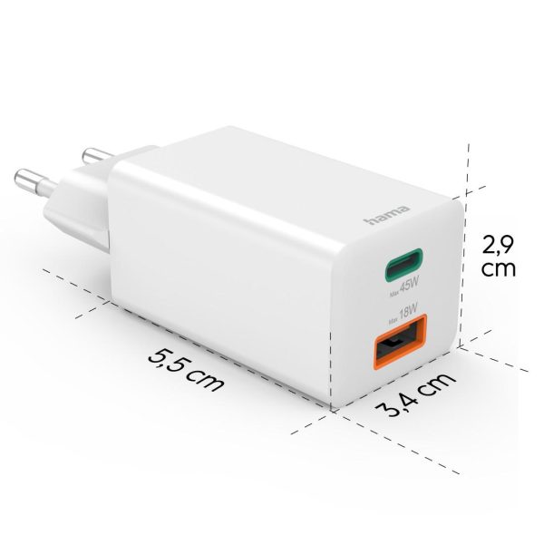 HAMA Бързо мини зарядно, 45 W, 1x USB-C - 1x USB-A, PD, бяло 18