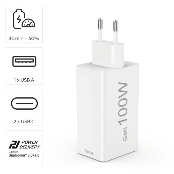 HAMA Бързо зарядно 220V, 100 W GaN, 2x USB-C PD, 1x USB-A QC 15