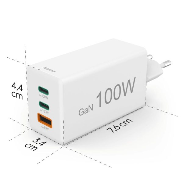 HAMA Бързо зарядно 220V, 100 W GaN, 2x USB-C PD, 1x USB-A QC 16