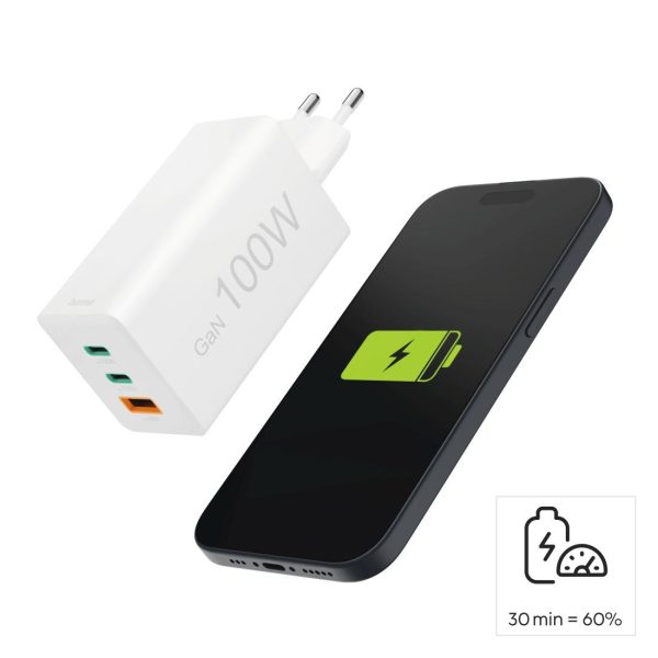 HAMA Бързо зарядно 220V, 100 W GaN, 2x USB-C PD, 1x USB-A QC 18