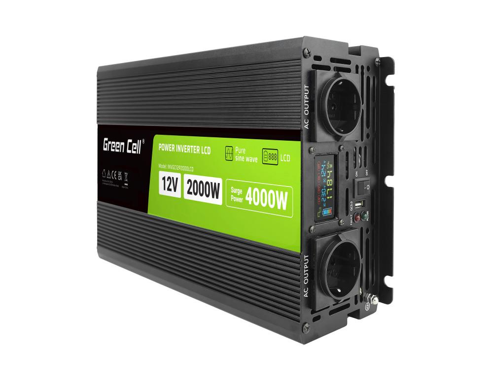 Инвертор GREEN CELL, 12/220V, DC/AC, 2000W/4000W, INVGCP2000LCD LCD Чиста синусоида 1