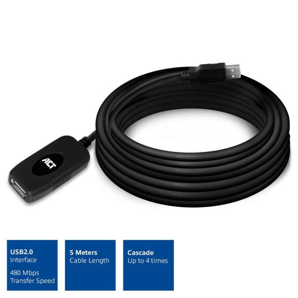 Кабел ACT AC6005 USB-A мъжко - женско, 5.0 м 2