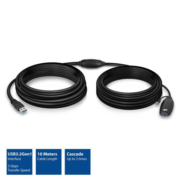 Кабел ACT AC6110, USB-A мъжко - женско, 10 м 2