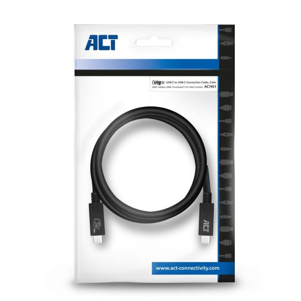 Кабел ACT USB-C - USB-C, 0.8 м / USB4, 40Gbps, 240W, сертифициран USB-IF 10