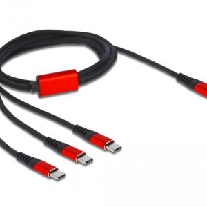 Кабел за зареждане Delock  3 в 1, USB-C - 3 x USB-C, 1м, Черен/Червен 1