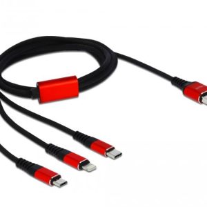 Кабел за зареждане Delock  3 в 1, USB - Lightning/ Micro USB/ USB-C, 1м, Черен/Червен 1