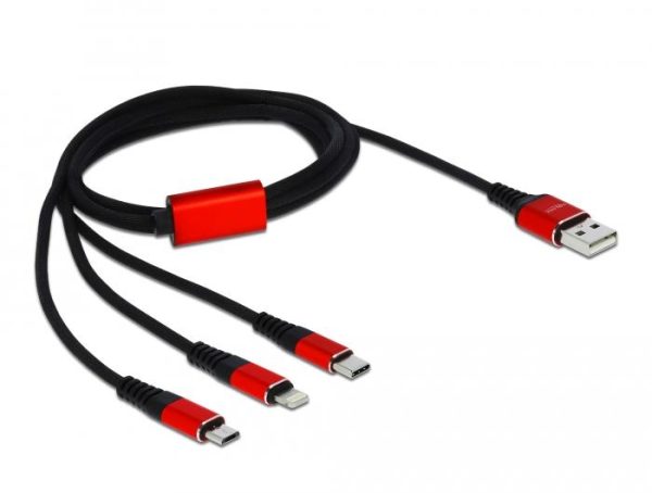 Кабел за зареждане Delock  3 в 1, USB - Lightning/ Micro USB/ USB-C, 1м, Черен/Червен 1