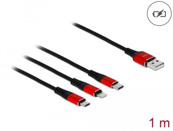Кабел за зареждане Delock  3 в 1, USB - Lightning/ Micro USB/ USB-C, 1м, Черен/Червен 2
