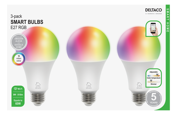 Комплект смарт RGB крушки DELTACO SH-LE27RGB, Е27, WiFI 2.4GHz, 9W, 810lm, Димираща, Бяла, 3 бр. 2